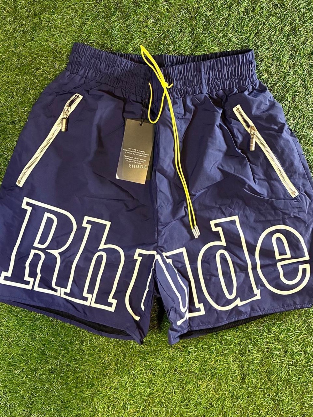 Rhude Navy Swim Shorts with Yellow Drawcord